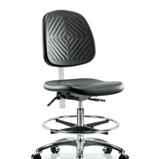 Class 10 Polyurethane Clean Room Chair - Medium Bench Height with Medium Back, Chrome Foot Ring, & Casters in Black Polyurethane - CLR-PMBCH-MB-CR-CF-CC-BLK