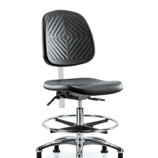 Class 10 Polyurethane Clean Room Chair - Medium Bench Height with Medium Back, Chrome Foot Ring, & Stationary Glides in Black Polyurethane - CLR-PMBCH-MB-CR-CF-RG-BLK