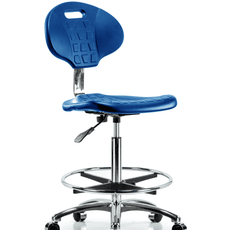 Class 10 Erie Polyurethane Clean Room Chair - High Bench Height with Chrome Foot Ring & Casters in Blue Polyurethane - CLR-TPHBCH-CR-A0-CF-CC-BLU