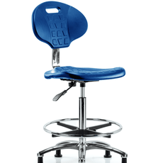 Class 10 Erie Polyurethane Clean Room Chair - High Bench Height with Chrome Foot Ring & Stationary Glides in Blue Polyurethane - CLR-TPHBCH-CR-A0-CF-RG-BLU
