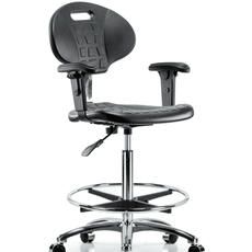 Class 10 Erie Polyurethane Clean Room Chair - High Bench Height with Adjustable Arms, Chrome Foot Ring, & Casters in Black Polyurethane - CLR-TPHBCH-CR-A1-CF-CC-BLK