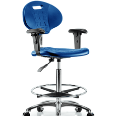 Class 10 Erie Polyurethane Clean Room Chair - High Bench Height with Adjustable Arms, Chrome Foot Ring, & Casters in Blue Polyurethane - CLR-TPHBCH-CR-A1-CF-CC-BLU