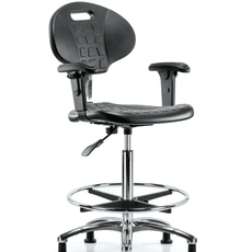 Class 10 Erie Polyurethane Clean Room Chair - High Bench Height with Adjustable Arms, Chrome Foot Ring & Stationary Glides in Black Polyurethane - CLR-TPHBCH-CR-A1-CF-RG-BLK