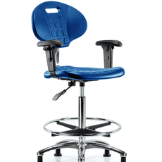 Class 10 Erie Polyurethane Clean Room Chair - High Bench Height with Adjustable Arms, Chrome Foot Ring & Stationary Glides in Blue Polyurethane - CLR-TPHBCH-CR-A1-CF-RG-BLU