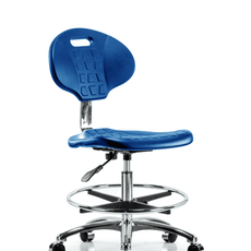 Class 10 Erie Polyurethane Clean Room Chair - Medium Bench Height with Chrome Foot Ring & Casters in Blue Polyurethane - CLR-TPMBCH-CR-A0-CF-CC-BLU