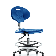 Class 10 Erie Polyurethane Clean Room Chair - Medium Bench Height with Chrome Foot Ring & Stationary Glides in Blue Polyurethane - CLR-TPMBCH-CR-A0-CF-RG-BLU