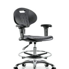 Class 10 Erie Polyurethane Clean Room Chair - Medium Bench Height with Adjustable Arms, Chrome Foot Ring, & Casters in Black Polyurethane - CLR-TPMBCH-CR-A1-CF-CC-BLK