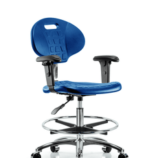 Class 10 Erie Polyurethane Clean Room Chair - Medium Bench Height with Adjustable Arms, Chrome Foot Ring, & Casters in Blue Polyurethane - CLR-TPMBCH-CR-A1-CF-CC-BLU