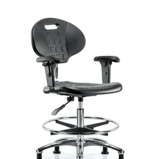 Class 10 Erie Polyurethane Clean Room Chair - Medium Bench Height with Adjustable Arms, Chrome Foot Ring & Stationary Glides in Black Polyurethane - CLR-TPMBCH-CR-A1-CF-RG-BLK