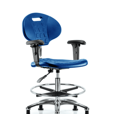 Class 10 Erie Polyurethane Clean Room Chair - Medium Bench Height with Adjustable Arms, Chrome Foot Ring & Stationary Glides in Blue Polyurethane - CLR-TPMBCH-CR-A1-CF-RG-BLU