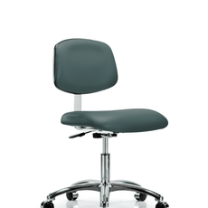 Class 10 Clean Room Vinyl Chair Chrome - Desk Height with Casters in Colonial Blue Trailblazer Vinyl - CLR-VDHCH-CR-CC-8546