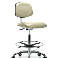 Class 10 Clean Room Vinyl Chair Chrome - High Bench Height with Chrome Foot Ring & Casters in Adobe White Trailblazer Vinyl - CLR-VHBCH-CR-CF-CC-8501