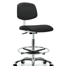 Class 10 Clean Room Vinyl Chair Chrome - High Bench Height with Chrome Foot Ring & Casters in Black Trailblazer Vinyl - CLR-VHBCH-CR-CF-CC-8540