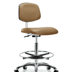 Class 10 Clean Room Vinyl Chair Chrome - High Bench Height with Chrome Foot Ring & Casters in Taupe Trailblazer Vinyl - CLR-VHBCH-CR-CF-CC-8584