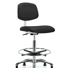 Class 10 Clean Room Vinyl Chair Chrome - High Bench Height with Chrome Foot Ring & Stationary Glides in Black Trailblazer Vinyl - CLR-VHBCH-CR-CF-RG-8540