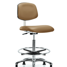 Class 10 Clean Room Vinyl Chair Chrome - High Bench Height with Chrome Foot Ring & Stationary Glides in Taupe Trailblazer Vinyl - CLR-VHBCH-CR-CF-RG-8584