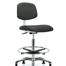 Class 10 Clean Room Vinyl Chair Chrome - High Bench Height with Chrome Foot Ring & Stationary Glides in Charcoal Trailblazer Vinyl - CLR-VHBCH-CR-CF-RG-8605