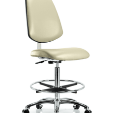 Class 10 Clean Room Vinyl Chair Chrome - High Bench Height with Medium Back, Chrome Foot Ring, & Casters in Adobe White Trailblazer Vinyl - CLR-VHBCH-MB-CR-CF-CC-8501