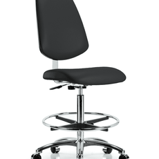 Class 10 Clean Room Vinyl Chair Chrome - High Bench Height with Medium Back, Chrome Foot Ring, & Casters in Black Trailblazer Vinyl - CLR-VHBCH-MB-CR-CF-CC-8540