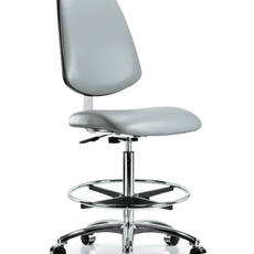 Class 10 Clean Room Vinyl Chair Chrome - High Bench Height with Medium Back, Chrome Foot Ring, & Casters in Dove Trailblazer Vinyl - CLR-VHBCH-MB-CR-CF-CC-8567