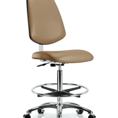 Class 10 Clean Room Vinyl Chair Chrome - High Bench Height with Medium Back, Chrome Foot Ring, & Casters in Taupe Trailblazer Vinyl - CLR-VHBCH-MB-CR-CF-CC-8584