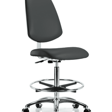 Class 10 Clean Room Vinyl Chair Chrome - High Bench Height with Medium Back, Chrome Foot Ring, & Casters in Charcoal Trailblazer Vinyl - CLR-VHBCH-MB-CR-CF-CC-8605