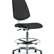 Class 10 Clean Room Vinyl Chair Chrome - High Bench Height with Medium Back, Chrome Foot Ring, & Stationary Glides in Black Trailblazer Vinyl - CLR-VHBCH-MB-CR-CF-RG-8540