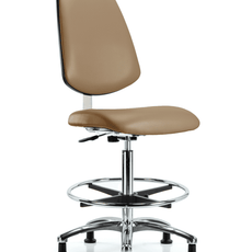 Class 10 Clean Room Vinyl Chair Chrome - High Bench Height with Medium Back, Chrome Foot Ring, & Stationary Glides in Taupe Trailblazer Vinyl - CLR-VHBCH-MB-CR-CF-RG-8584