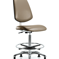 Class 10 Clean Room Vinyl Chair Chrome - High Bench Height with Medium Back, Chrome Foot Ring, & Stationary Glides in Taupe Supernova Vinyl - CLR-VHBCH-MB-CR-CF-RG-8809