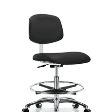 Class 10 Clean Room Vinyl Chair Chrome - Medium Bench Height with Chrome Foot Ring & Casters in Black Trailblazer Vinyl - CLR-VMBCH-CR-CF-CC-8540