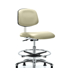 Class 10 Clean Room Vinyl Chair Chrome - Medium Bench Height with Chrome Foot Ring & Stationary Glides in Adobe White Trailblazer Vinyl - CLR-VMBCH-CR-CF-RG-8501