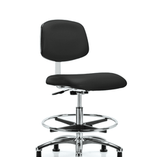 Class 10 Clean Room Vinyl Chair Chrome - Medium Bench Height with Chrome Foot Ring & Stationary Glides in Black Trailblazer Vinyl - CLR-VMBCH-CR-CF-RG-8540