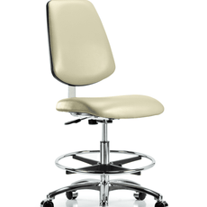 Class 10 Clean Room Vinyl Chair Chrome - Medium Bench Height with Medium Back, Chrome Foot Ring, & Casters in Adobe White Trailblazer Vinyl - CLR-VMBCH-MB-CR-CF-CC-8501