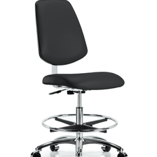 Class 10 Clean Room Vinyl Chair Chrome - Medium Bench Height with Medium Back, Chrome Foot Ring, & Casters in Black Trailblazer Vinyl - CLR-VMBCH-MB-CR-CF-CC-8540