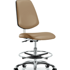 Class 10 Clean Room Vinyl Chair Chrome - Medium Bench Height with Medium Back, Chrome Foot Ring, & Casters in Taupe Trailblazer Vinyl - CLR-VMBCH-MB-CR-CF-CC-8584