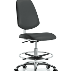 Class 10 Clean Room Vinyl Chair Chrome - Medium Bench Height with Medium Back, Chrome Foot Ring, & Casters in Charcoal Trailblazer Vinyl - CLR-VMBCH-MB-CR-CF-CC-8605