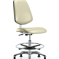 Class 10 Clean Room Vinyl Chair Chrome - Medium Bench Height with Medium Back, Chrome Foot Ring, & Stationary Glides in Adobe White Trailblazer Vinyl - CLR-VMBCH-MB-CR-CF-RG-8501
