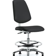 Class 10 Clean Room Vinyl Chair Chrome - Medium Bench Height with Medium Back, Chrome Foot Ring, & Stationary Glides in Black Trailblazer Vinyl - CLR-VMBCH-MB-CR-CF-RG-8540