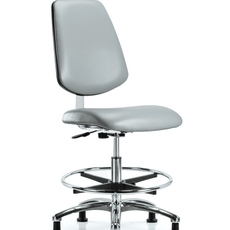 Class 10 Clean Room Vinyl Chair Chrome - Medium Bench Height with Medium Back, Chrome Foot Ring, & Stationary Glides in Dove Trailblazer Vinyl - CLR-VMBCH-MB-CR-CF-RG-8567