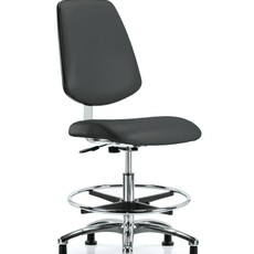 Class 10 Clean Room Vinyl Chair Chrome - Medium Bench Height with Medium Back, Chrome Foot Ring, & Stationary Glides in Charcoal Trailblazer Vinyl - CLR-VMBCH-MB-CR-CF-RG-8605