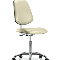 Class 10 Clean Room Vinyl Chair Chrome - Medium Bench Height with Medium Back & Casters in Adobe White Trailblazer Vinyl - CLR-VMBCH-MB-CR-NF-CC-8501