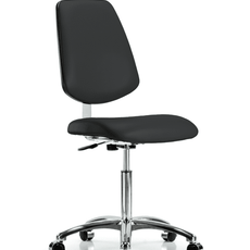 Class 10 Clean Room Vinyl Chair Chrome - Medium Bench Height with Medium Back & Casters in Black Trailblazer Vinyl - CLR-VMBCH-MB-CR-NF-CC-8540