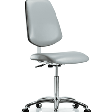 Class 10 Clean Room Vinyl Chair Chrome - Medium Bench Height with Medium Back & Casters in Dove Trailblazer Vinyl - CLR-VMBCH-MB-CR-NF-CC-8567