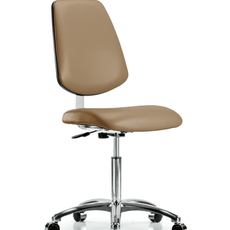Class 10 Clean Room Vinyl Chair Chrome - Medium Bench Height with Medium Back & Casters in Taupe Trailblazer Vinyl - CLR-VMBCH-MB-CR-NF-CC-8584