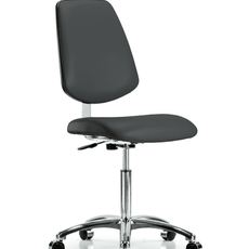 Class 10 Clean Room Vinyl Chair Chrome - Medium Bench Height with Medium Back & Casters in Charcoal Trailblazer Vinyl - CLR-VMBCH-MB-CR-NF-CC-8605