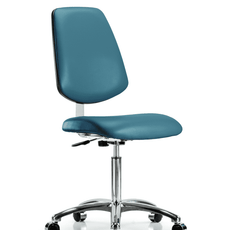 Class 10 Clean Room Vinyl Chair Chrome - Medium Bench Height with Medium Back & Casters in Marine Blue Supernova Vinyl - CLR-VMBCH-MB-CR-NF-CC-8801