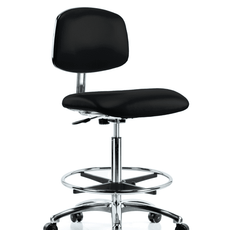 Class 10 Clean Room/ESD Vinyl Chair - High Bench Height with Chrome Foot Ring & ESD Casters in ESD Black Vinyl - ECR-VHBCH-CR-CF-EC-ESDBLK
