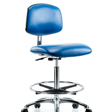 Class 10 Clean Room/ESD Vinyl Chair - High Bench Height with Chrome Foot Ring & ESD Casters in ESD Blue Vinyl - ECR-VHBCH-CR-CF-EC-ESDBLU