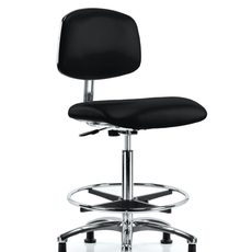 Class 10 Clean Room/ESD Vinyl Chair - High Bench Height with Chrome Foot Ring & ESD Stationary Glides in ESD Black Vinyl - ECR-VHBCH-CR-CF-EG-ESDBLK