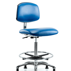 Class 10 Clean Room/ESD Vinyl Chair - High Bench Height with Chrome Foot Ring & ESD Stationary Glides in ESD Blue Vinyl - ECR-VHBCH-CR-CF-EG-ESDBLU